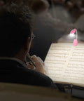Musician using a Kids Clip On Reading Light 3 Pack Battery Operated Dimmable Lamp With 12 CR2016 Batteries Included Flexible 360 Degree Neck For Bedtime Reading Kid Friendly LED Low Heat Soft Light For Cozy Nights In Bed to illuminate sheet music during a performance
