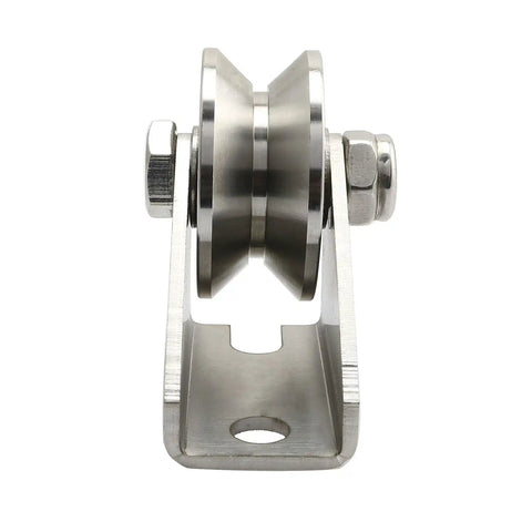 Built Tough Detachable V Groove Pulley Offering Dead Silent 304 Stainless Steel Roller Track Plus Rust Proof Heavy Duty Sliding Wheel Hardware For Super Smooth Project Installations, 73x32x61mm, side view.