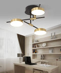3 Light Dimmable LED Semi Flush Mount Ceiling Light Fixture In Modern Gold And Black in a home office setting