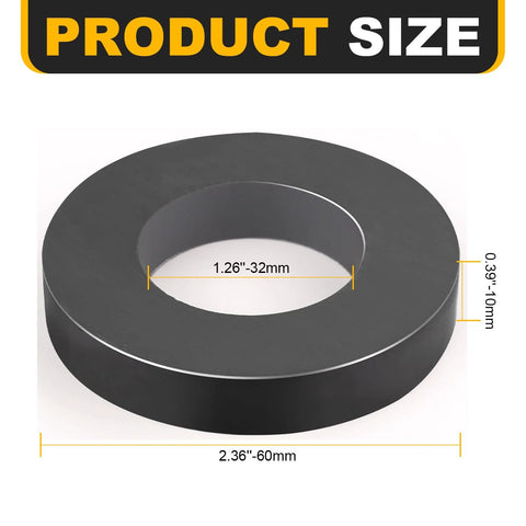 Front view of ferrite big ring magnet with hole; outer diameter 60 mm, inner diameter 32 mm, thickness 10 mm.