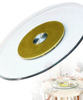 Rotating Glass Lazy Susan Turntable For 24 To 47 Inch Tables, 360 degree tabletop serving plate with gold finish in dining setting