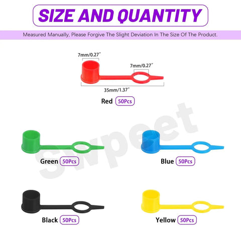 250 Piece Five Color Plastic Grease Fitting Cap Set, 7mm Caps Dust Covers for Zerk Fittings shown in five colors
