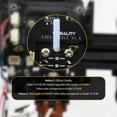 Close-up of Ender 3 V3 SE KE Hotend Upgrade Kit with ceramic heating block, highlighting nozzle details and Creality branding.