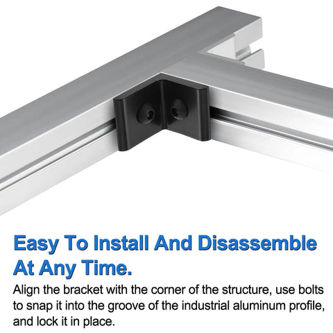 Top Notch 10 Pack Black L Corner Brackets With Nuts And Screws For 2525 European Profile Aluminum Extrusion Build close-up installation.