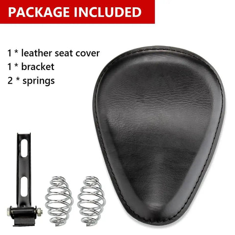 Package includes parts of Leather Motorcycle Solo Seat With 3 Inch Spring Bracket Kit Hard Bottom In Black Finish for bikes.