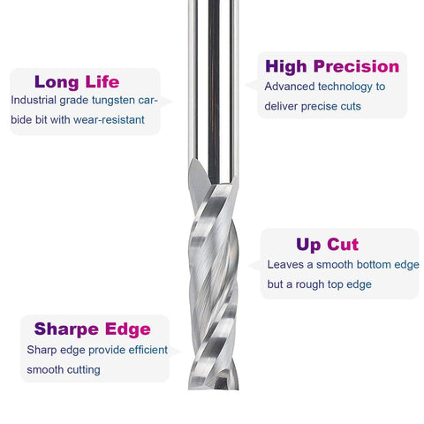 SpeTool upcut spiral router bit, 4-inch length, 1/2-inch shank, 1/2-inch cutting diameter, solid carbide.