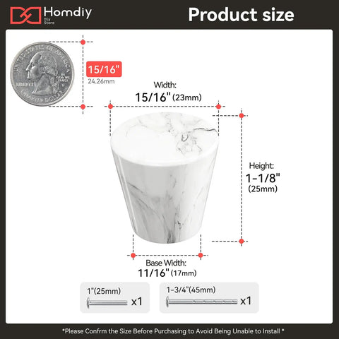 Product size diagram of Hella Stylish White Marble Cabinet Knobs 10 Pack Dresser Hardware showing dimensions and fixtures.