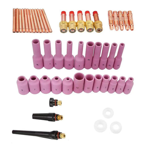 50 Pcs TIG Gas Lens Collet Body Kit For WP17 WP18 WP26 TIG Torch Welding Consumables Set including ceramic and metal parts.