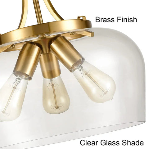 Brushed Nickel Semi Flush Mount Ceiling Light With 3 Clear Glass Cylinders, 13.6 Inch Modern Fixture showing brass finish and bulbs