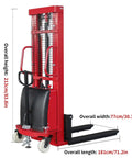 Rock Solid Electric Pallet Stacker With 3300 Lbs Load Capacity And 118 Inch Max Lift Height showing dimensions and features.