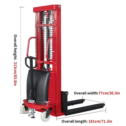 Rock Solid Electric Pallet Stacker With 3300 Lbs Load Capacity And 118 Inch Max Lift Height showing dimensions and features.
