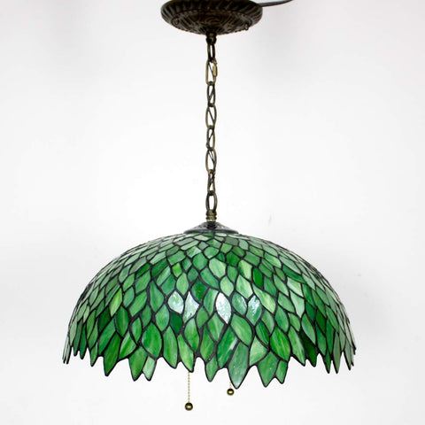 Showpiece Tiffany Style Pendant Light Fixture With Green Wisteria Stained Glass, 16 Inch Wide Shade, 40 Inch Overall Height Hanging Lamp, Antique Bronze Finish, Hardwired With Pull Chain, S523 Series