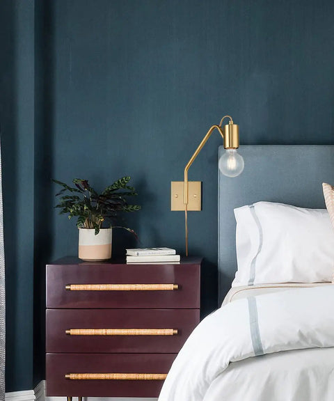 Plug In Wall Sconces Set Of Two Farmhouse Swing Arm Gold Wall Lights With On Off Switch Brushed Gold Finish in bedroom setting