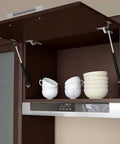 Cabinet door open with 10 Pack 10 Inch Gas Struts For Cabinets 100N 22.5 Lbs Heavy Duty Lid Support next to stacked bowls and cups