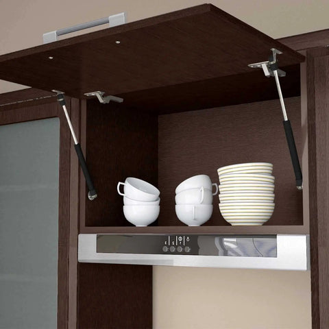 Cabinet door open with 10 Pack 10 Inch Gas Struts For Cabinets 100N 22.5 Lbs Heavy Duty Lid Support next to stacked bowls and cups