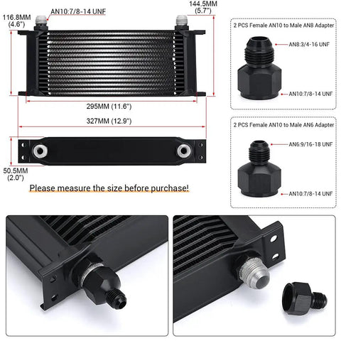 16 Row Transmission Oil Cooler Kit With 6AN And 8AN Adapters showing detailed dimensions and adapter specifications