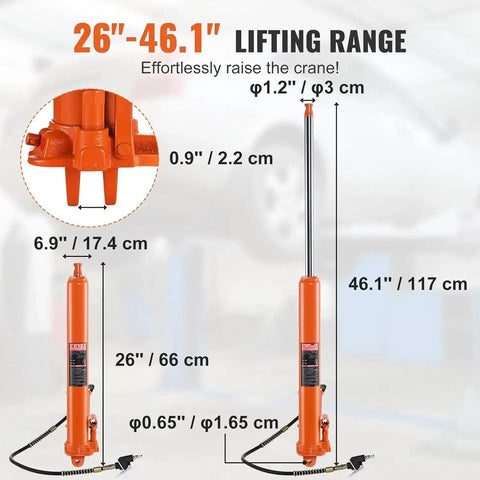 8 Ton Long Ram Hydraulic Electric Engine Hoist With Air Assisted Pump And Single Piston Manual Pump shown at 26-46.1 inch lifting range.