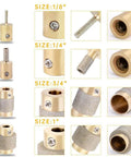 Buenoarte diamond grinder bit set with brass cores for stained glass; sizes 1/8, 1/4, 3/4, 1 inch (4 pieces)