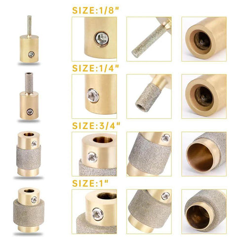 Buenoarte diamond grinder bit set with brass cores for stained glass; sizes 1/8, 1/4, 3/4, 1 inch (4 pieces)