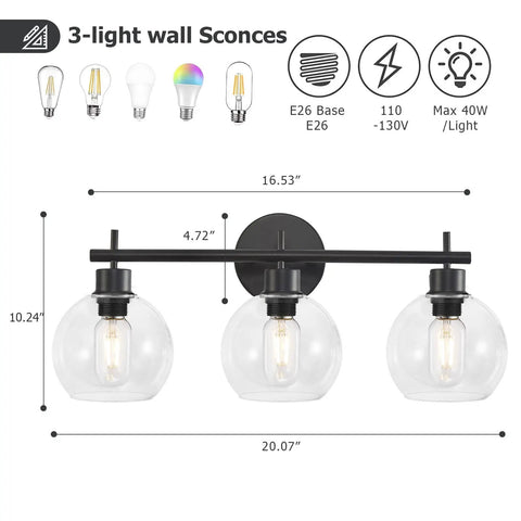 Super Stylish Modern Black Three Light Vanity Lights With Clear Glass Globe Shades Rust Resistant Matte Finish Bathroom Wall Sconce Over Mirror For Bedroom Living Room Hallway showcasing dimensions and bulb compatibility.