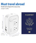 Global 220V To 110V Travel Converter With 18W USB Port For Hair Straightener And Curler next to a US passport, compact and white.