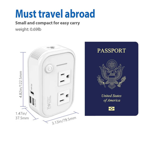 Global 220V To 110V Travel Converter With 18W USB Port For Hair Straightener And Curler next to a US passport, compact and white.