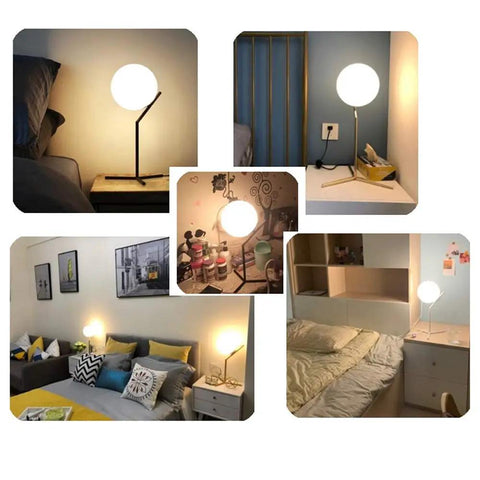 Globe Table Lamp With Glass Shade Mid Century Golden Desk Light in different room settings for cozy modern decor