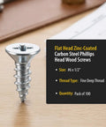 #6 X 1/2 Zinc Plated Flat Head Wood Screws Featuring Phillips Drive in 100 Pack of Premium Carbon Steel Hardware on a wooden surface.