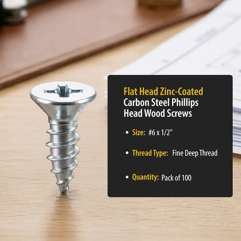 #6 X 1/2 Zinc Plated Flat Head Wood Screws Featuring Phillips Drive in 100 Pack of Premium Carbon Steel Hardware on a wooden surface.