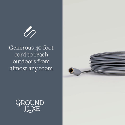 GroundLuxe grounding rod with 40 ft grey conductive cord and ground stake for outdoor earthing.
