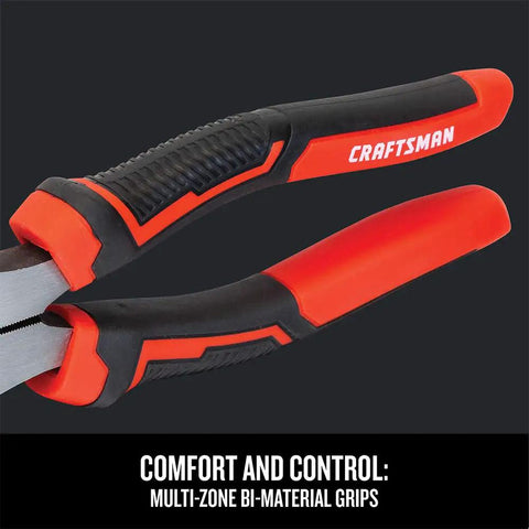Close-up of 8-Inch Linesman Pliers With Ergonomic Bi-Material Grips For Easy Control, red and black handle detail.