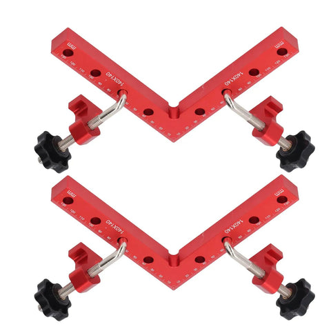 Nail The Square Every Time Heavy Duty 90 Degree Woodworking Corner Clamp 140X140mm Alignment Tool in red with adjustment knobs.