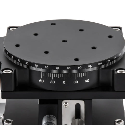 Close-up view of the Workhorse 4 Axis Manual Linear Positioning Stage 90mm x 90mm with circular scale for precision equipment positioning.