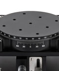 Close-up of 4 Axis Manual Linear Stage 90x90mm Micro Positioning Sliding Table with R axis rotation scale.
