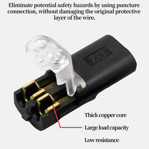 Push In Wire Connectors With Locking Buckle For 18 To 22 AWG Solid And Stranded Wires One Second Install Ideal For LED Strips Home And Automotive Wiring 10 Pack, showing copper core and plastic case.