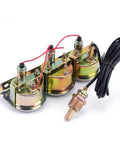 Back view of 2-Inch Triple Gauge Kit With Volt, Water Temp, And Oil Pressure Gauges showing wiring and connections for universal fit.