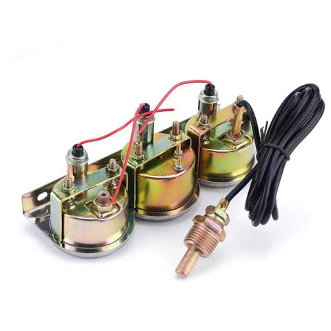 Back view of 2-Inch Triple Gauge Kit With Volt, Water Temp, And Oil Pressure Gauges showing wiring and connections for universal fit.