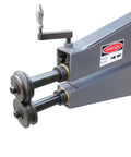 Close-up of the 36 Inch Throat Electric Bead Roller for Sheet Metal showing the rollers and warning label, a heavy-duty fabrication tool.