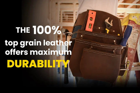 Carpenter wearing Top Grain Leather Construction Tool Pouch Dominant Right Side With 9 Pockets And A 3 Inch Belt Slit Pro Grade
