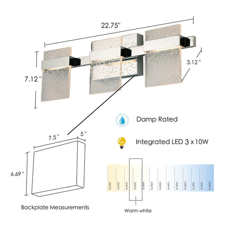 Image showing dimensions and features of a vanity light with integrated LED 3 x 10W and warm white color temperature ratings.