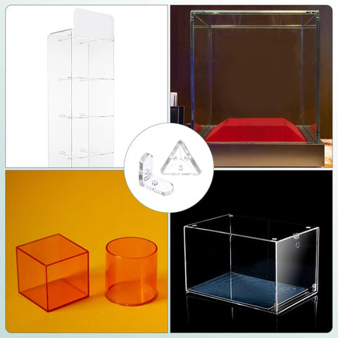 Real Deal 24 Piece Clear Acrylic Corner Bracket Kit Rock Solid Cone And L Shaped Connectors For No Fuss Diy Woodworking Plus Smooth Furniture Assembly Projects displayed with various clear acrylic shapes.