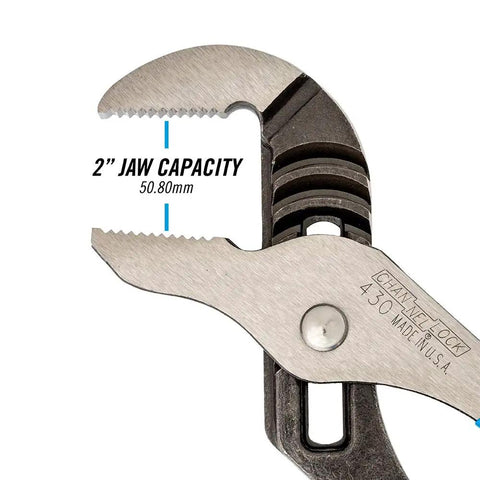 Close-up of 10-inch straight jaw tongue and groove pliers, showing 2-inch jaw capacity and Permalock joint for strong grip