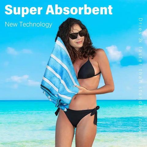 Woman holding Ultra Thin Lightweight Microfiber Beach Towel With Carry Strap Sand Free Quick Dry Absorbent Compact on beach.