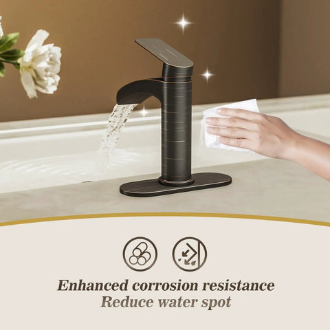 Oil Rubbed Bronze Waterfall Bathroom Sink Faucet With Single Handle 6 Inch Deck Plate Metal Pop Up Drain Assembly CUPC Water Supply Lines
