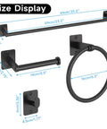 Matte Black 4 Piece Bathroom Hardware Set Including 24 Inch Towel Bar Towel Ring Toilet Paper Holder And Towel Hook Wall Mounted Rustproof Premium Metal with dimensions shown