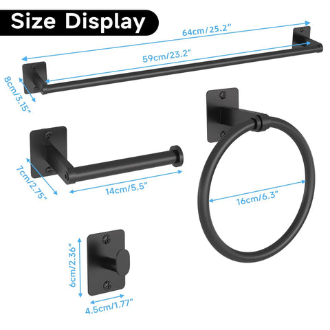 Matte Black 4 Piece Bathroom Hardware Set Including 24 Inch Towel Bar Towel Ring Toilet Paper Holder And Towel Hook Wall Mounted Rustproof Premium Metal with dimensions shown