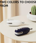Two colors of 2 In 1 USB Rechargeable Heat Sealer With Cutter For Plastic Bags on a table, white and blue options displayed next to a cactus.