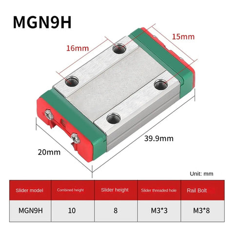 Beefy 9mm Linear Rail Kit With Slide Block for 3D Printers and CNC Machines, MGN9H block dimensions and specifications.