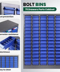75 Drawer Parts Organizer Cabinet Top Shelf Storage game changer with blue drawers and steel frame for garage and workshop use.