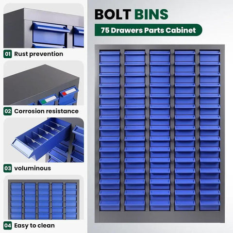 75 Drawer Parts Organizer Cabinet Top Shelf Storage game changer with blue drawers and steel frame for garage and workshop use.